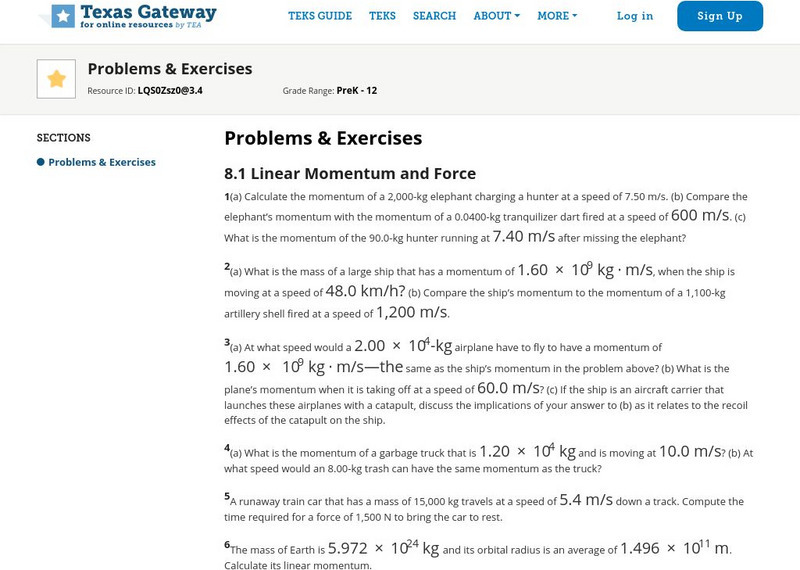 Texas Gateway: Linear Momentum and Collisions: Problems & Exercises Unknown Type Texas Gateway: Linear Momentum and Collisions: Problems & Exercises Unknown Type