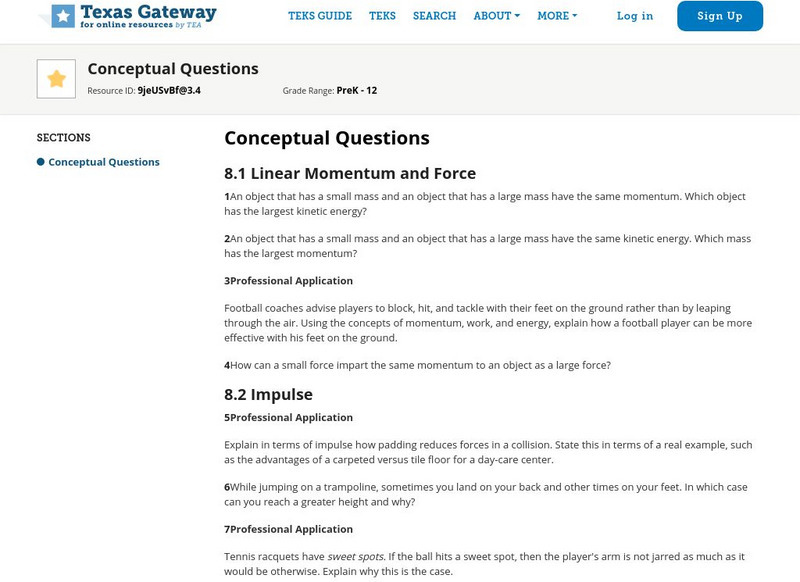 Texas Gateway: Linear Momentum and Collisions: Conceptual Questions Unknown Type Texas Gateway: Linear Momentum and Collisions: Conceptual Questions Unknown Type