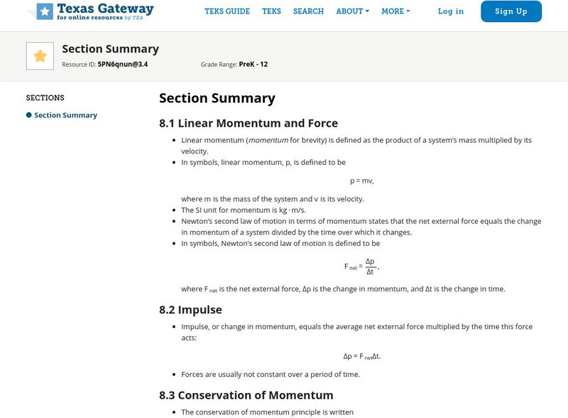 Texas Gateway: Linear Momentum and Collisions: Summary Unit Plan Texas Gateway: Linear Momentum and Collisions: Summary Unit Plan