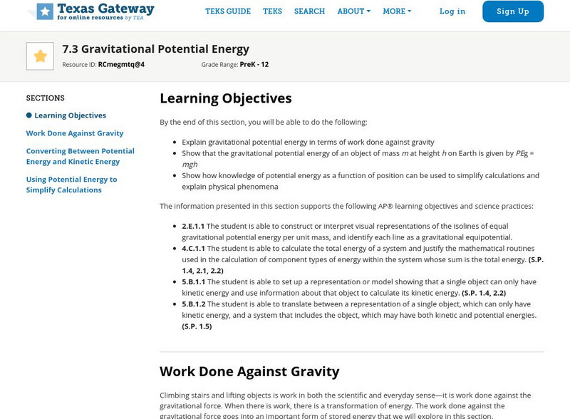Texas Gateway: Ap Physics: Gravitational Potential Energy Unit Plan Texas Gateway: Ap Physics: Gravitational Potential Energy Unit Plan