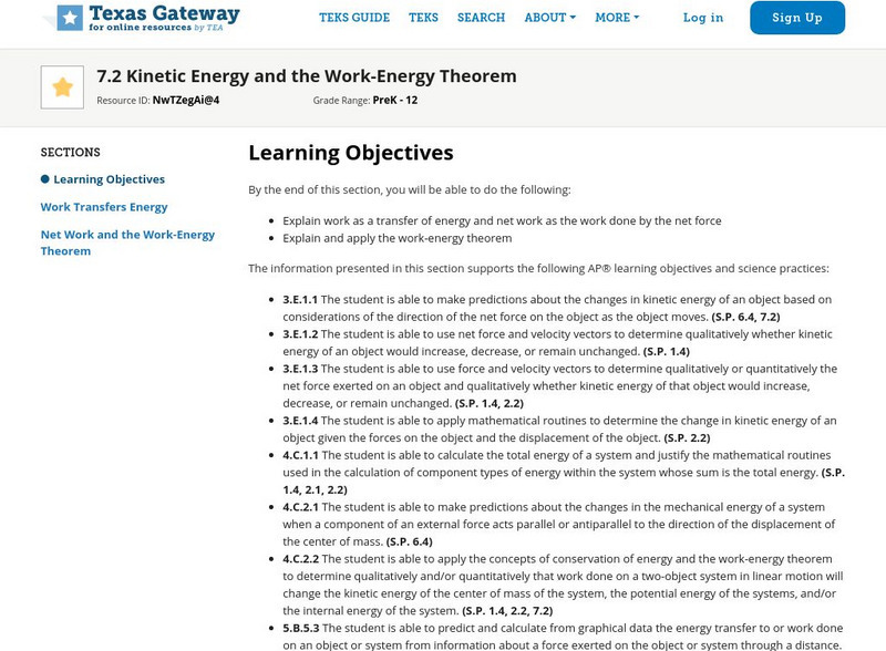 Texas Gateway: Kinetic Energy and the Work Energy Theorem Unit Plan Texas Gateway: Kinetic Energy and the Work Energy Theorem Unit Plan