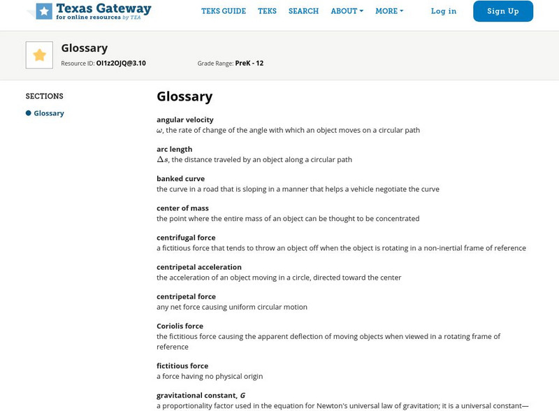 Texas Gateway: Ap Physics: Uniform Circular Motion and Gravitation: Glossary Handout Texas Gateway: Ap Physics: Uniform Circular Motion and Gravitation: Glossary Handout