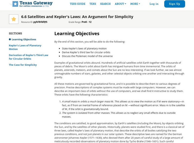 Texas Gateway: Satellites and Kepler's Laws: An Argument for Simplicity Unit Plan Texas Gateway: Satellites and Kepler's Laws: An Argument for Simplicity Unit Plan