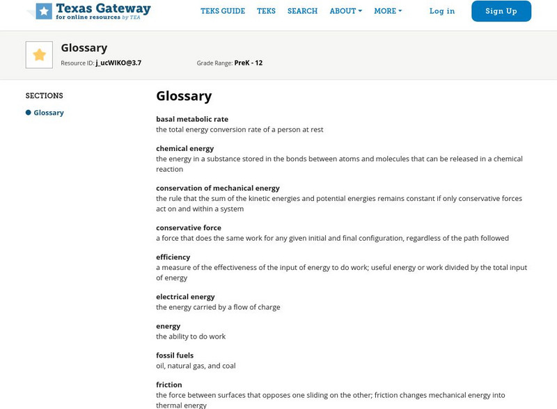 Texas Gateway: Work, Energy, and Energy Resources: Glossary Handout Texas Gateway: Work, Energy, and Energy Resources: Glossary Handout