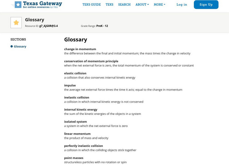 Texas Gateway: Linear Momentum and Collisions: Glossary Handout Texas Gateway: Linear Momentum and Collisions: Glossary Handout