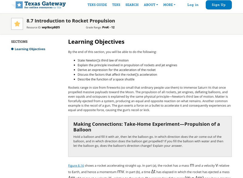 Texas Gateway: Linear Momentum and Force: Introduction to Rocket Propulsion Unit Plan
