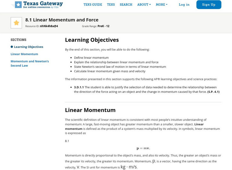 Texas Gateway: Linear Momentum and Force Unit Plan Texas Gateway: Linear Momentum and Force Unit Plan