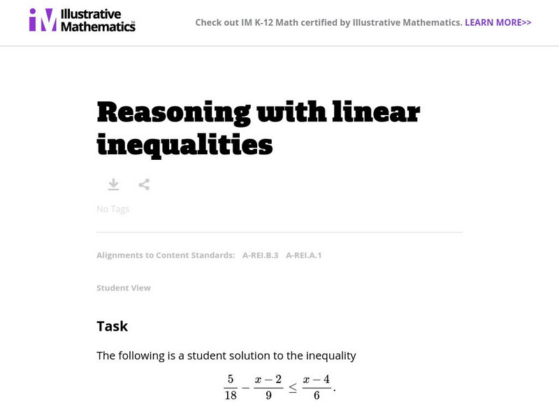Illustrative Mathematics: A Rei Reasoning With Linear Inequalities Lesson Plan Illustrative Mathematics: A Rei Reasoning With Linear Inequalities Lesson Plan
