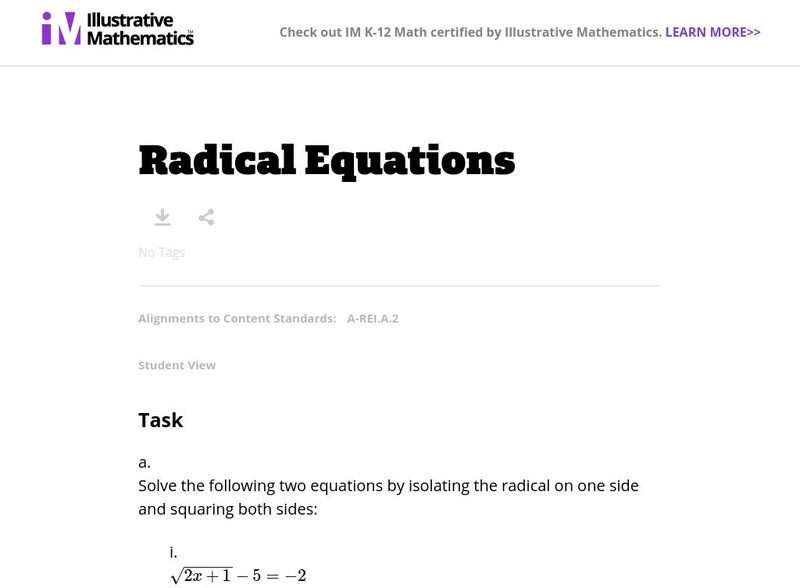 Illustrative Mathematics: A Rei Radical Equations Lesson Plan Illustrative Mathematics: A Rei Radical Equations Lesson Plan