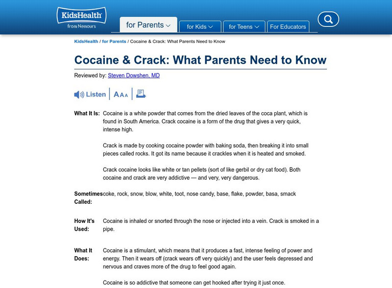 Kids Health: Cocaine and Crack Article Kids Health: Cocaine and Crack Article