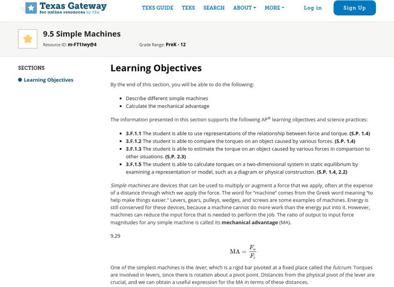 Texas Gateway: Statics and Torque: Simple Machines Unit Plan Texas Gateway: Statics and Torque: Simple Machines Unit Plan