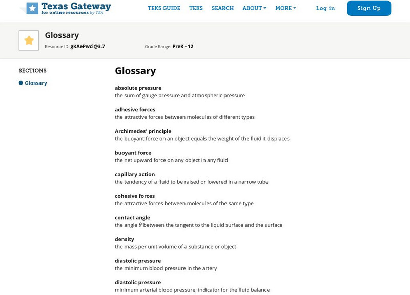 Texas Gateway: Fluid Statics: Glossary Handout Texas Gateway: Fluid Statics: Glossary Handout