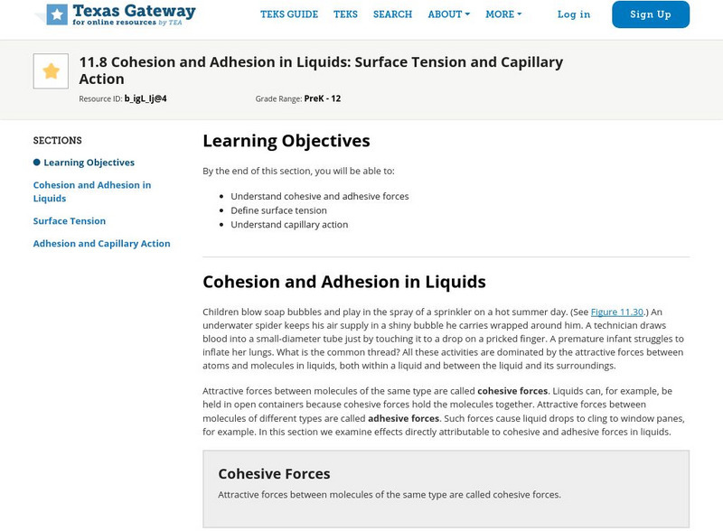 Texas Gateway: Cohesion & Adhesion in Liquids: Surface Tension, Capillary Action Unit Plan Texas Gateway: Cohesion & Adhesion in Liquids: Surface Tension, Capillary Action Unit Plan
