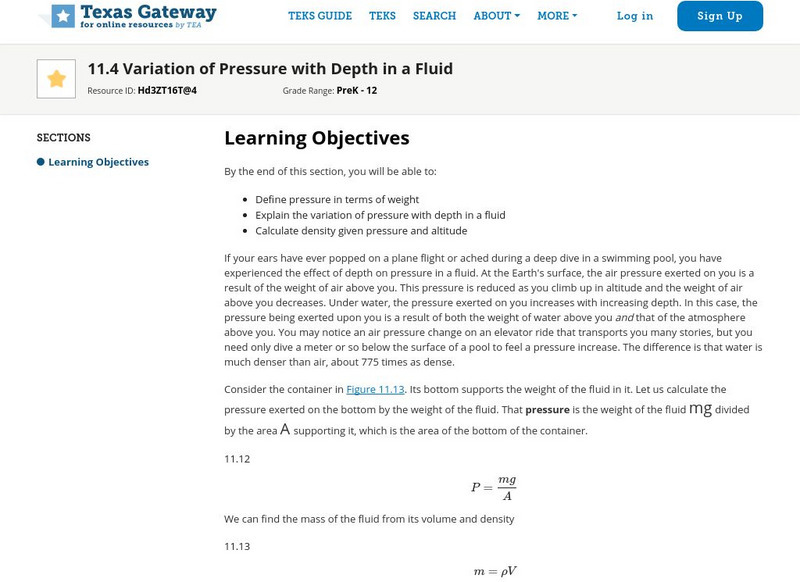 Texas Gateway: Variation of Pressure With Depth in a Fluid Unit Plan Texas Gateway: Variation of Pressure With Depth in a Fluid Unit Plan