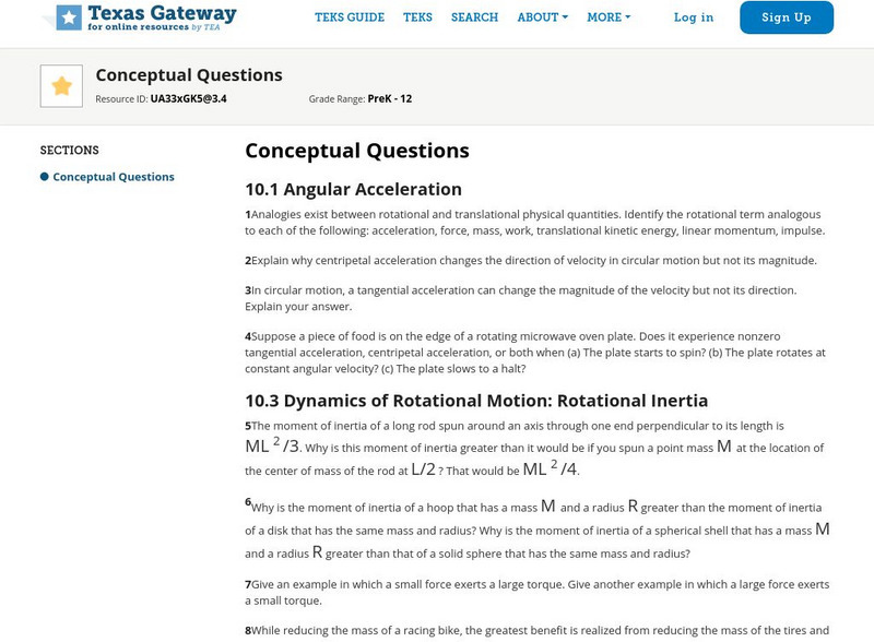 Texas Gateway: Rotational Motion and Angular Momentum: Conceptual Questions Unknown Type