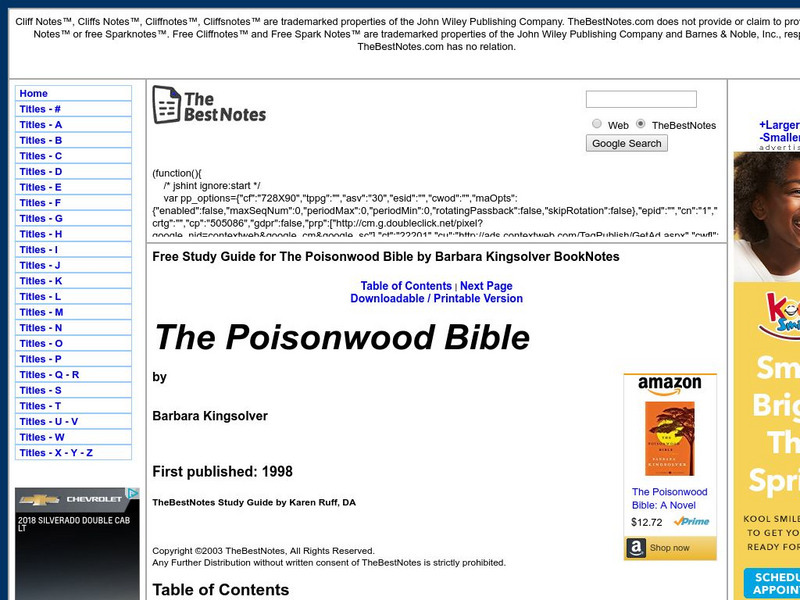 The Best Notes: The Poisonwood Bible by Barbara Kingsolver Unit Plan