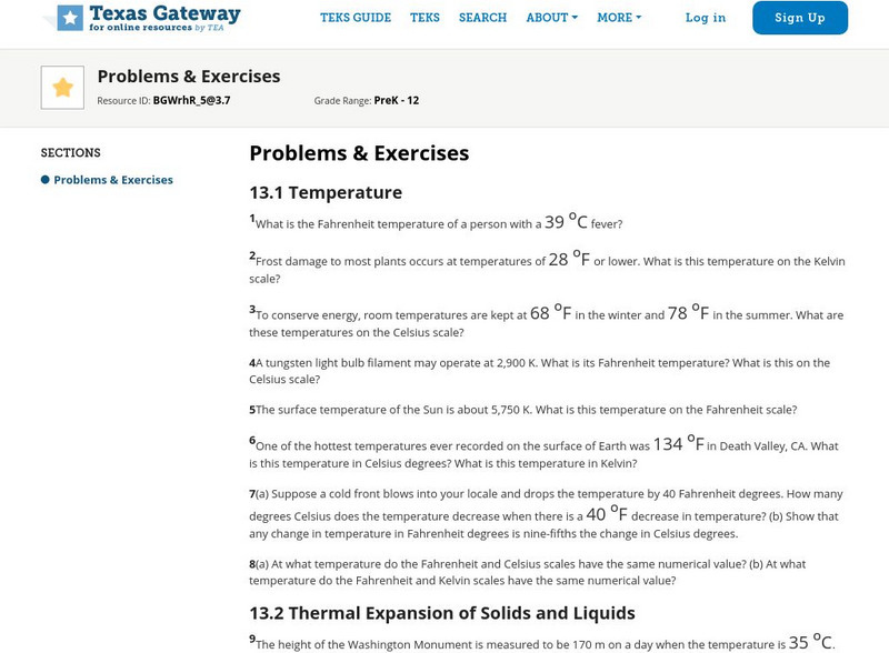 Texas Gateway: Temperature, Kinetic Theory, & the Gas Laws: Problems & Exercises Unknown Type Texas Gateway: Temperature, Kinetic Theory, & the Gas Laws: Problems & Exercises Unknown Type