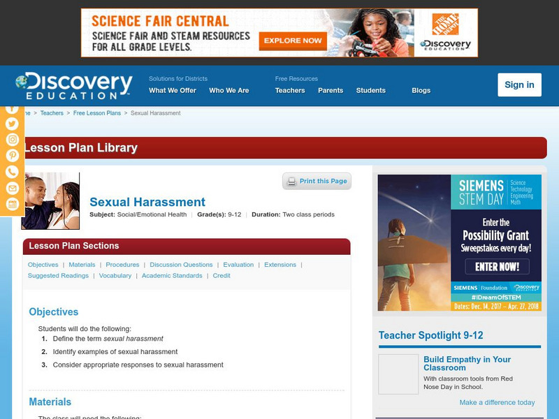 Discovery Education: Sexual Harassment Lesson Plan Discovery Education: Sexual Harassment Lesson Plan
