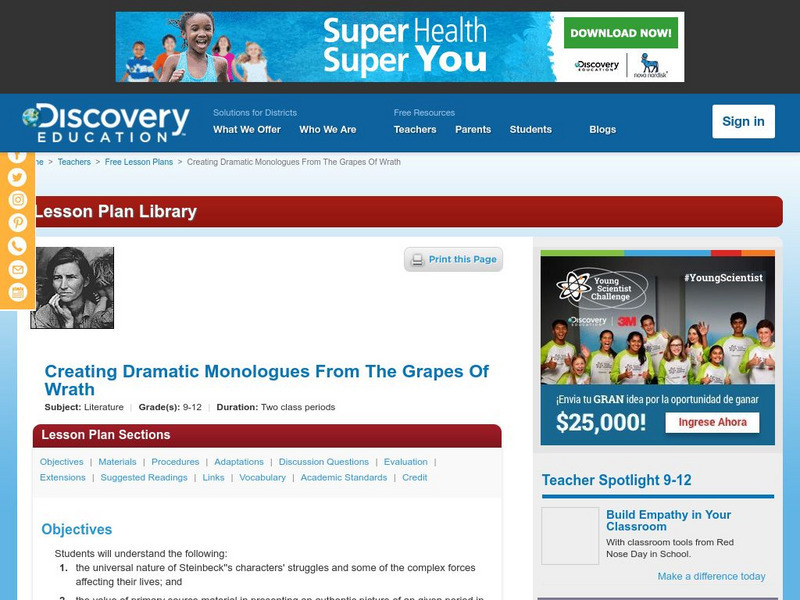 Discovery Education: Creating Dramatic Monologues From the Grapes of Wrath Lesson Plan