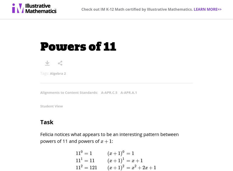 Illustrative Mathematics: A apr.c.5 and a apr.a.1: Powers of 11 Lesson Plan Illustrative Mathematics: A apr.c.5 and a apr.a.1: Powers of 11 Lesson Plan
