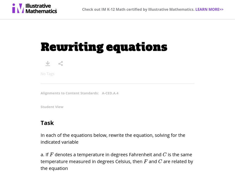 Illustrative Mathematics: A ced.a.4: Rewriting Equations Lesson Plan Illustrative Mathematics: A ced.a.4: Rewriting Equations Lesson Plan