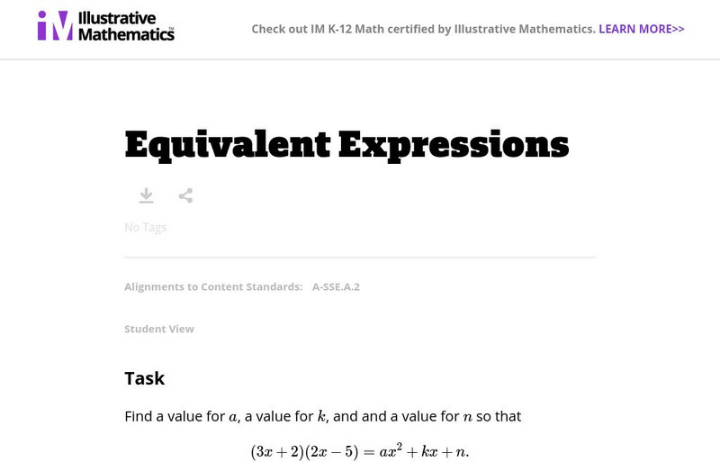 Illustrative Mathematics: A sse.a.2: Equivalent Expressions Lesson Plan Illustrative Mathematics: A sse.a.2: Equivalent Expressions Lesson Plan