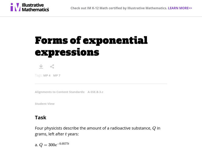 Illustrative Mathematics: A sse.b.3.c Forms of Exponential Expressions Lesson Plan Illustrative Mathematics: A sse.b.3.c Forms of Exponential Expressions Lesson Plan
