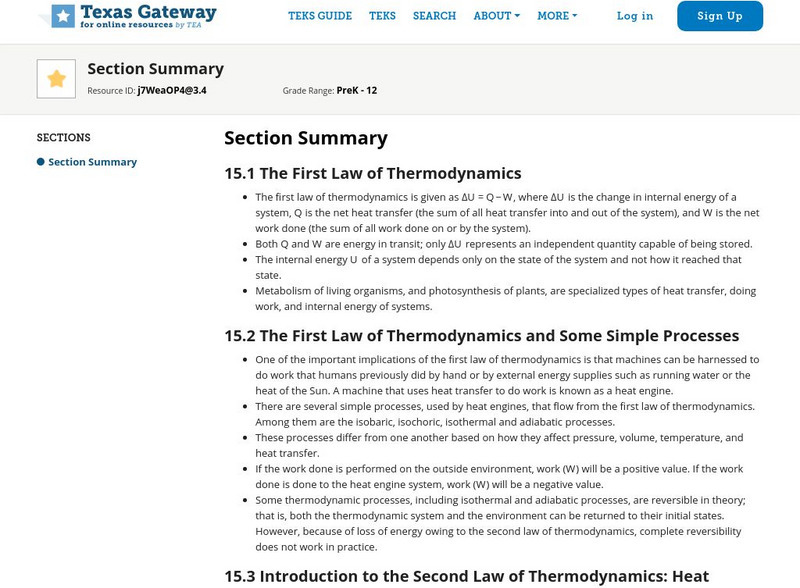 Texas Gateway: Thermodynamics: Summary Unit Plan Texas Gateway: Thermodynamics: Summary Unit Plan