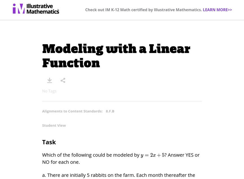 Illustrative Mathematics: 8.f Modeling With a Linear Function Lesson Plan