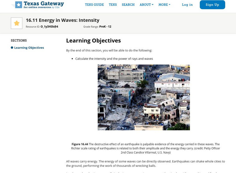 Texas Gateway: Oscillatory Motion and Waves: Energy in Waves: Intensity Unit Plan Texas Gateway: Oscillatory Motion and Waves: Energy in Waves: Intensity Unit Plan