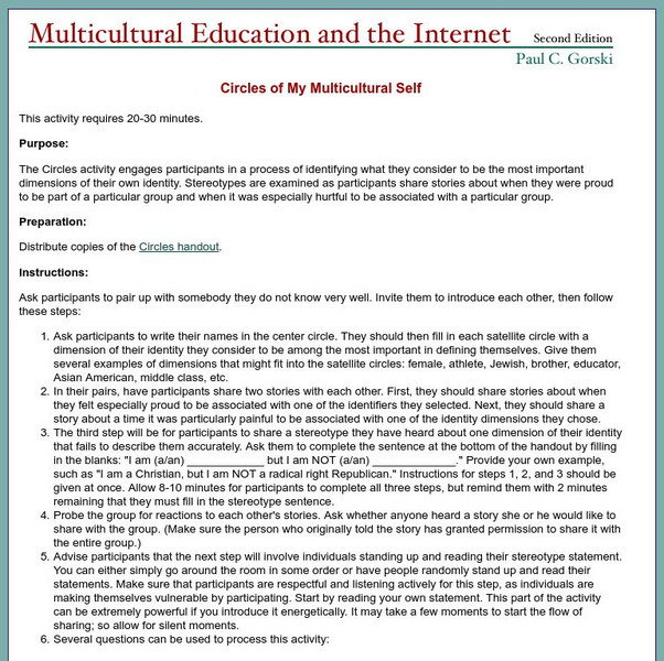 Circles of My Multicultural Self a Classroom Activity Lesson Plan Circles of My Multicultural Self a Classroom Activity Lesson Plan