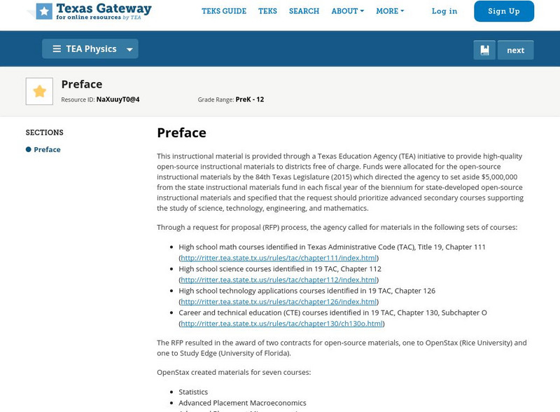 Texas Gateway: Physics: Preface: Teaching Information and Materials Professional Doc Texas Gateway: Physics: Preface: Teaching Information and Materials Professional Doc