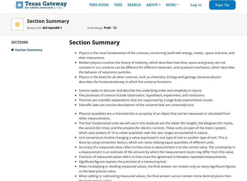 Texas Gateway: What Is Physics?: Section Summary Unit Plan Texas Gateway: What Is Physics?: Section Summary Unit Plan