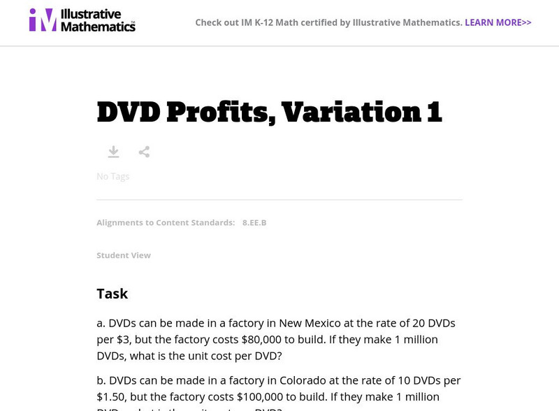 Illustrative Mathematics: 8.ee Dvd Profits, Variation 1 Lesson Plan Illustrative Mathematics: 8.ee Dvd Profits, Variation 1 Lesson Plan