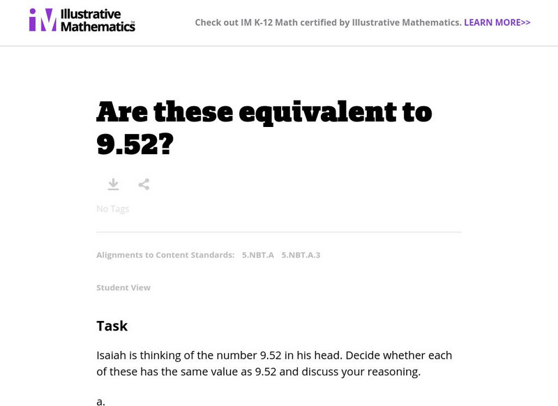 Illustrative Mathematics: 5.nbt Are These Equivalent to 9.52? Lesson Plan Illustrative Mathematics: 5.nbt Are These Equivalent to 9.52? Lesson Plan