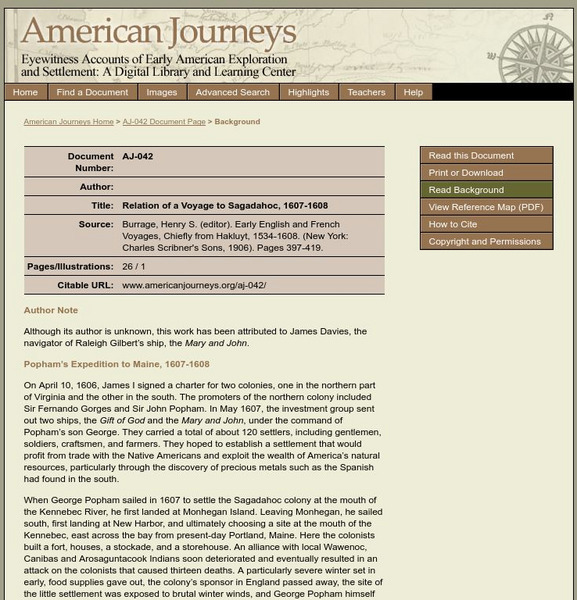 American Journeys: Popham's Expedition to Maine, 1607 1608 Handout