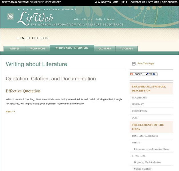 W. W. Norton & Company: Writing About Literature: Effective Quotation Handout W. W. Norton & Company: Writing About Literature: Effective Quotation Handout