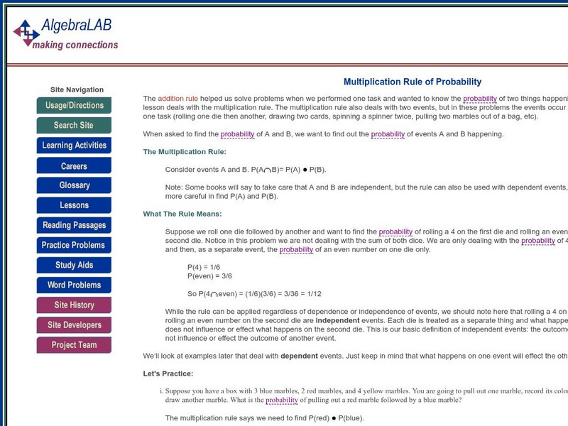 Algebra Lab: The Multiplication Rule of Probability Website Algebra Lab: The Multiplication Rule of Probability Website