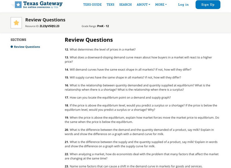 Texas Gateway: Chapter 3: Demand and Supply: Review Questions Unknown Type