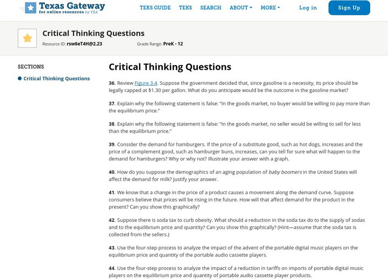 Texas Gateway: Chapter 3: Demand and Supply: Critical Thinking Questions Unknown Type