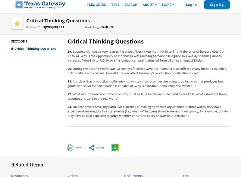 Texas Gateway: Ch. 2: Choice in a World of Scarcity: Critical Thinking Questions Unknown Type