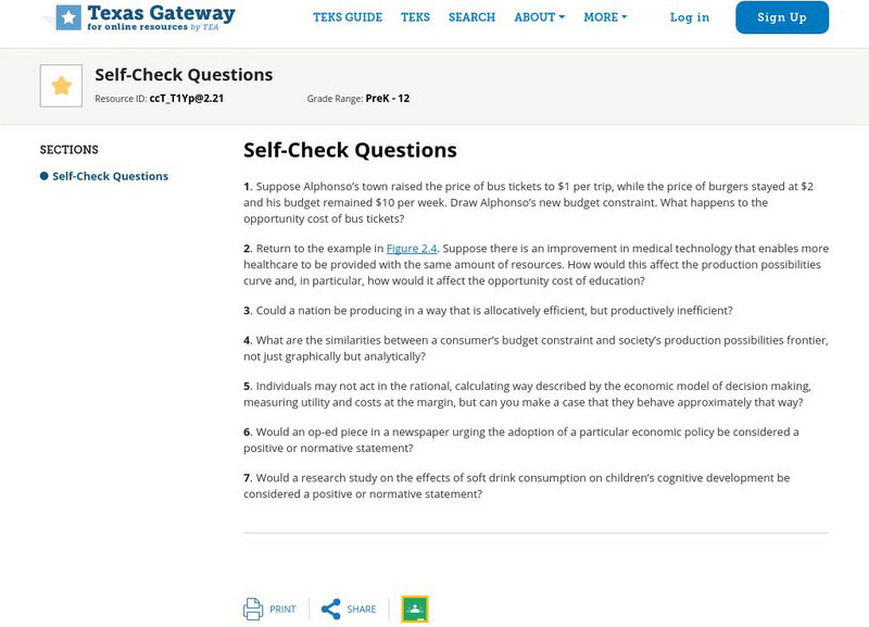Texas Gateway: Chapter 2: Choice in a World of Scarcity: Self Check Questions eBook Texas Gateway: Chapter 2: Choice in a World of Scarcity: Self Check Questions eBook