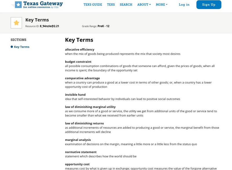 Texas Gateway: Chapter 2: Choice in a World of Scarcity: Key Terms Handout Texas Gateway: Chapter 2: Choice in a World of Scarcity: Key Terms Handout
