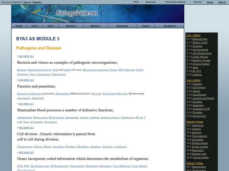 Biology Guide: Pathogens and Disease Handout Biology Guide: Pathogens and Disease Handout