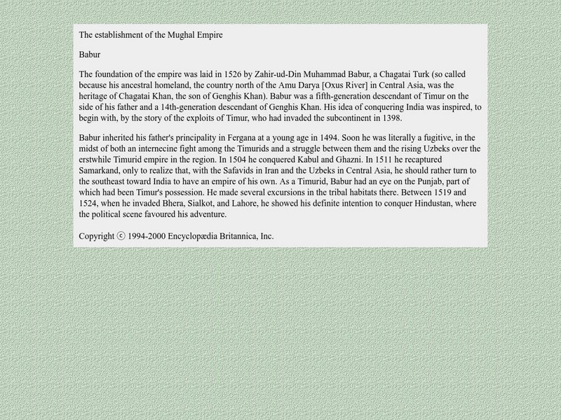 The Establishment of the Mughal Empire: Babur Handout The Establishment of the Mughal Empire: Babur Handout