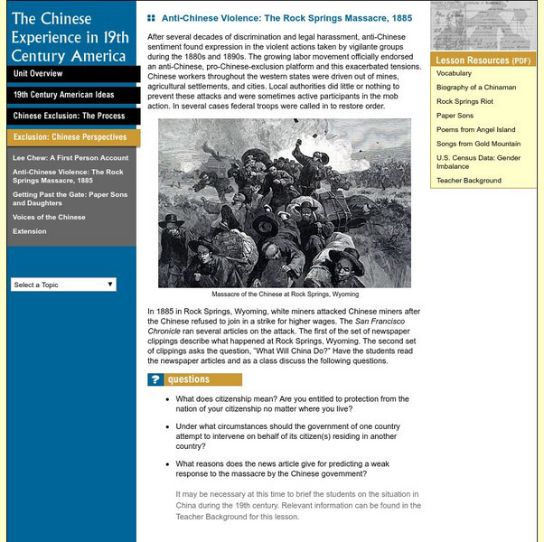 University of Illinois: The Chinese Experience in 19th Century America: The Rock Springs Massacre Lesson Plan University of Illinois: The Chinese Experience in 19th Century America: The Rock Springs Massacre Lesson Plan