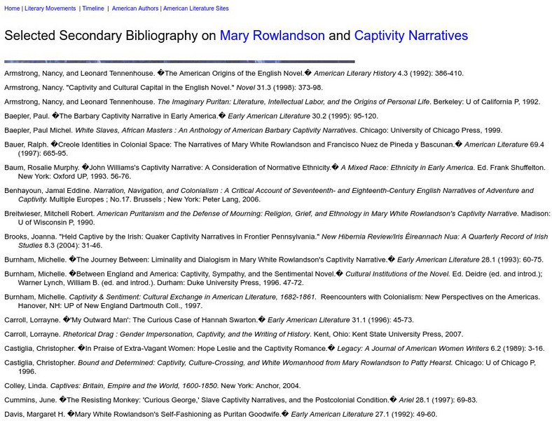 Washington State University: Mary Rowlandson & Captivity Narratives Bibliography Website Washington State University: Mary Rowlandson & Captivity Narratives Bibliography Website