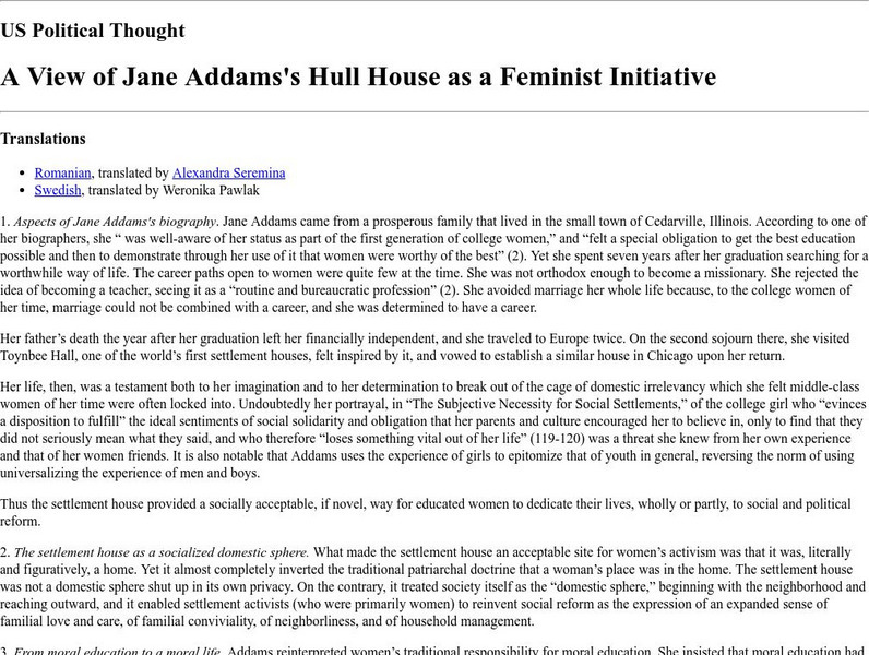Us Political Thought: View of Jane Addams' Hull House as a Feminist Initiative Handout