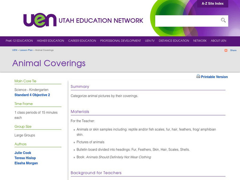 Uen: Animal Coverings Lesson Plan Uen: Animal Coverings Lesson Plan