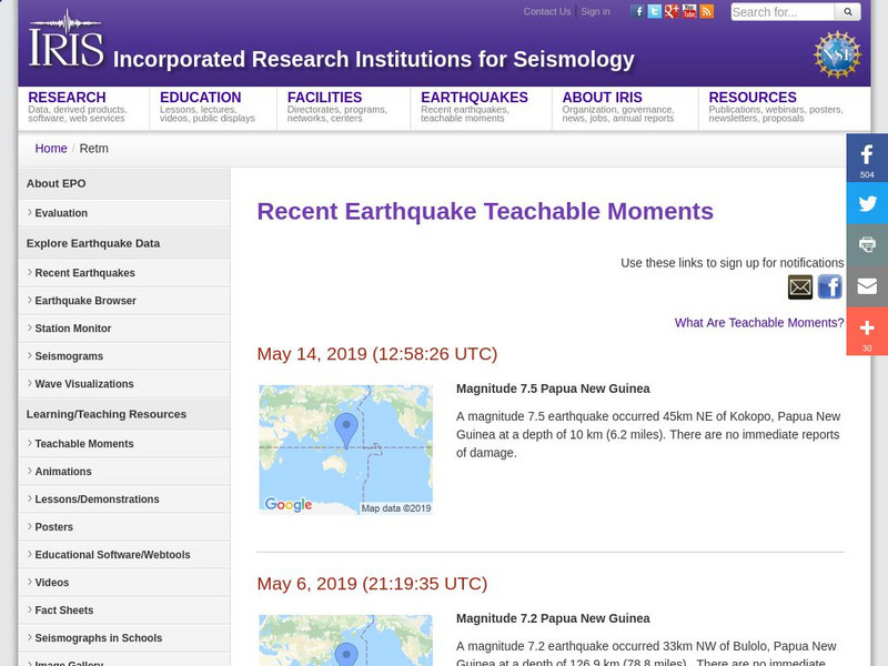 Iris: Recent Earthquake Teachable Moments Handout Iris: Recent Earthquake Teachable Moments Handout